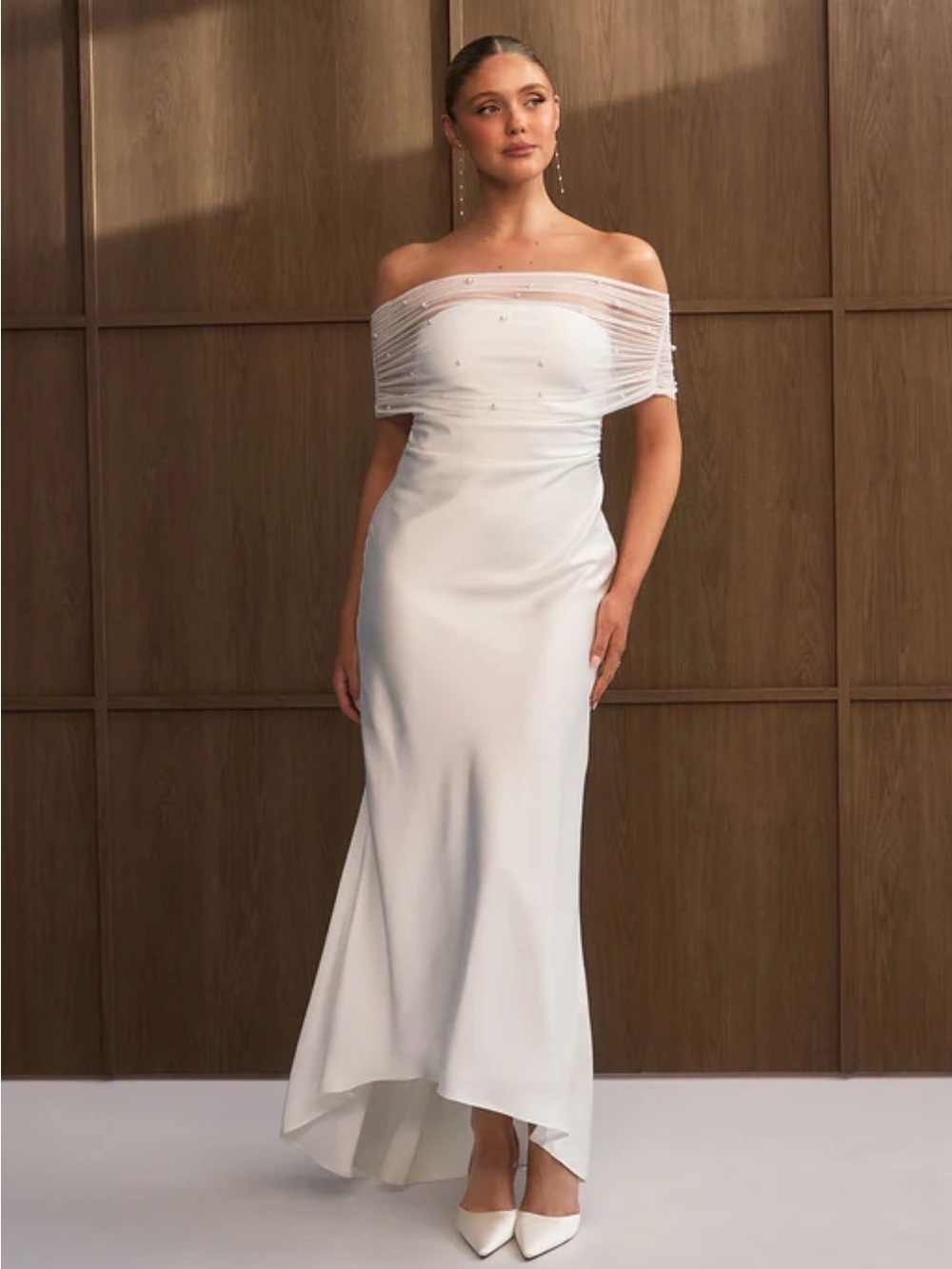 Off-Shoulder White Satin Evening Gown with Sheer Ruched Neckline